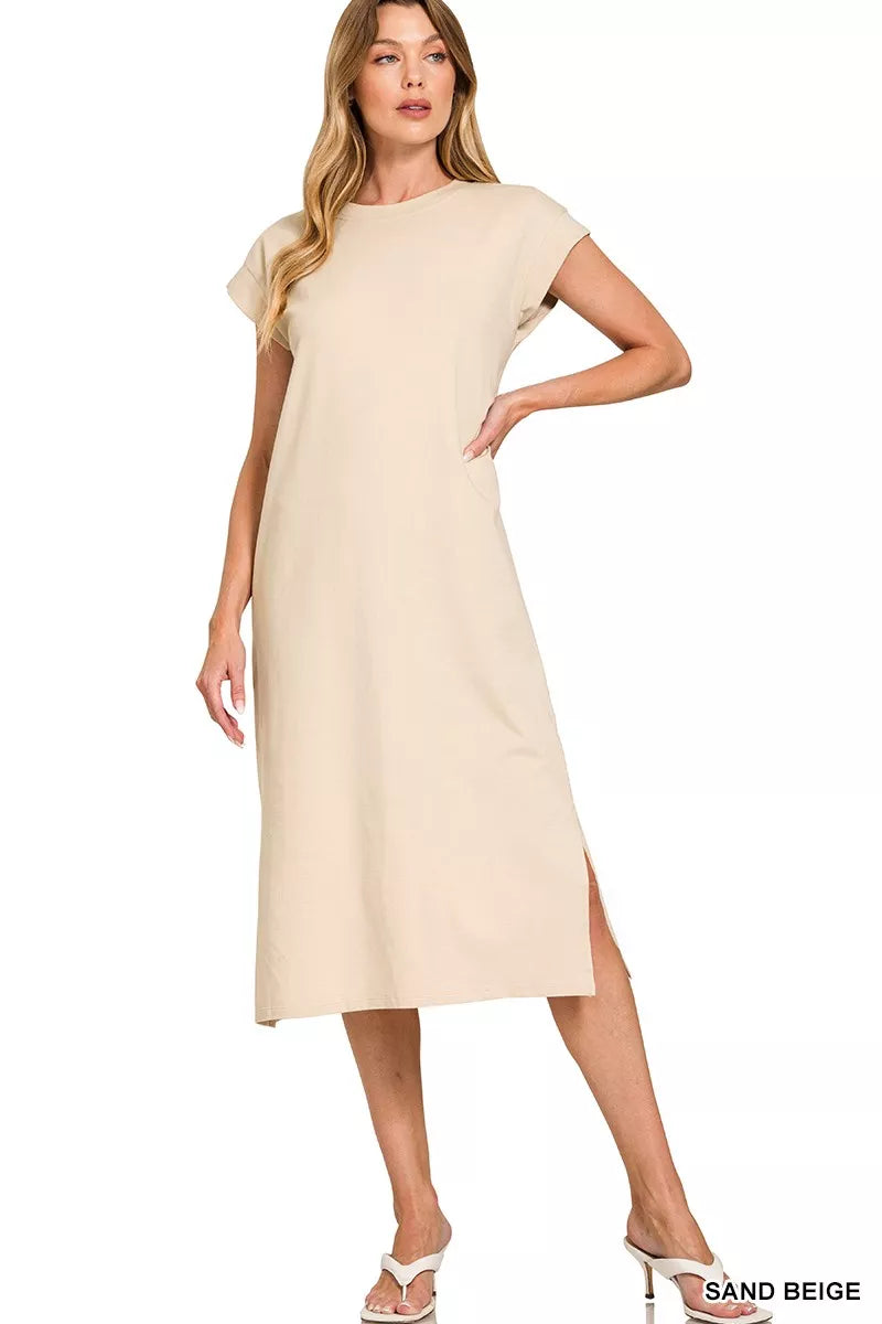 Zenana Round Neck Side Slit Midi Dress