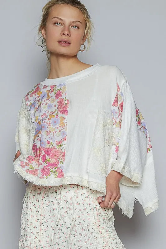 POL Floral Lace Patch Round Neck Double Gauze Top