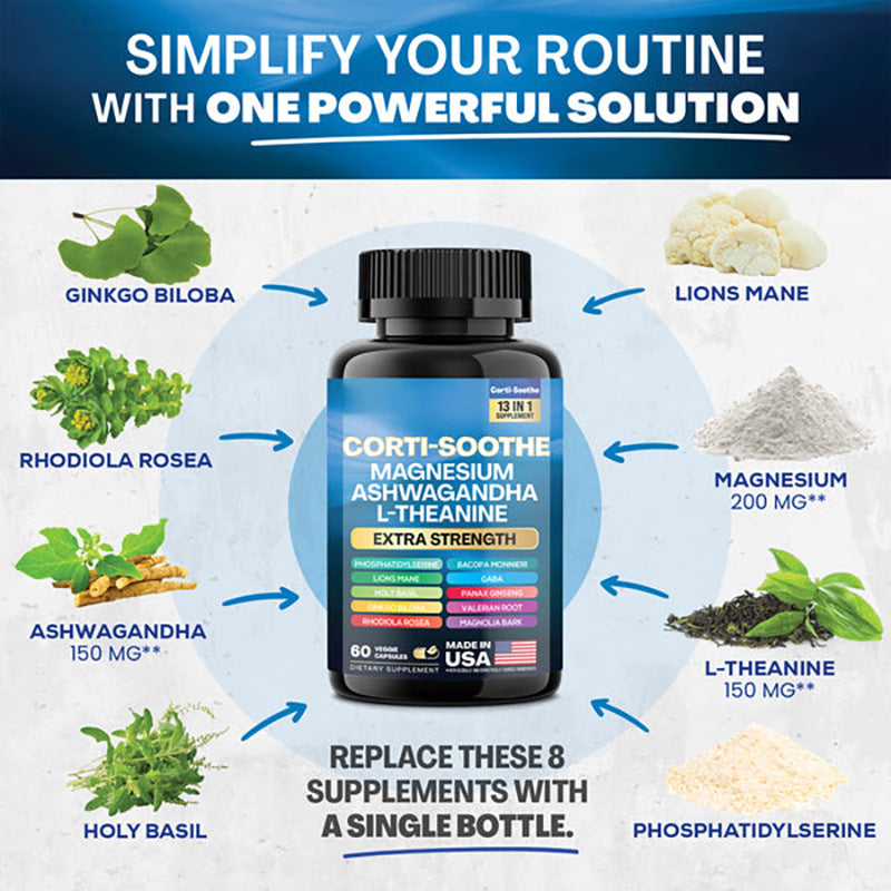 Corti-Soothe 13-in-1 Magnesium Ashwagandha L-Theanine Supplement, Extra Strength Blend For Stress Support, 60 Capsules