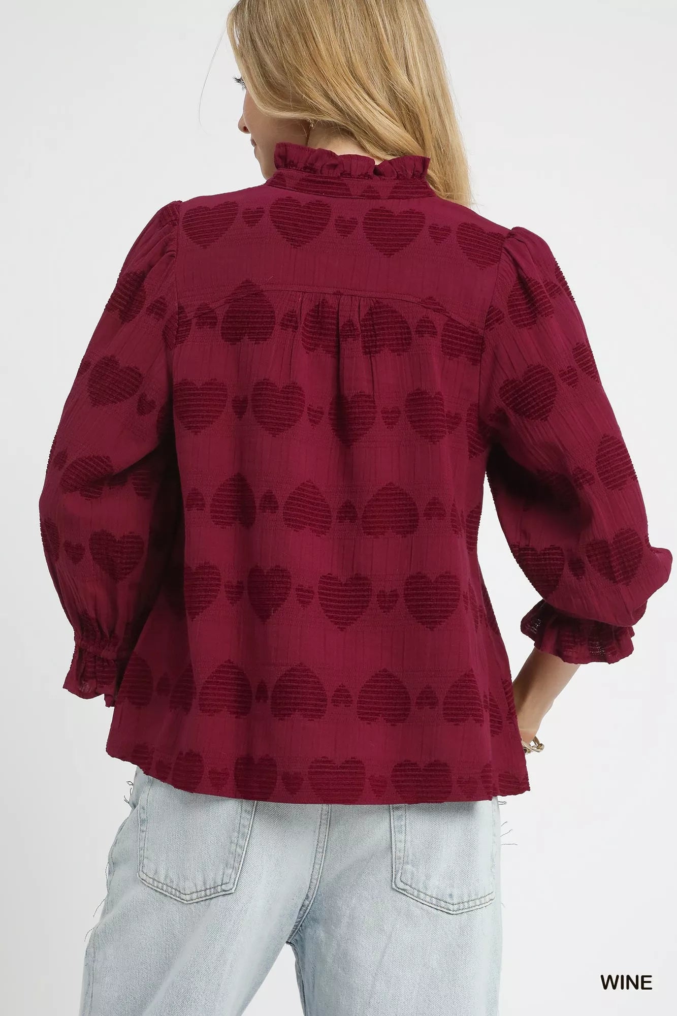 Umgee Heart Jacquard Ruffle Trim Shirt
