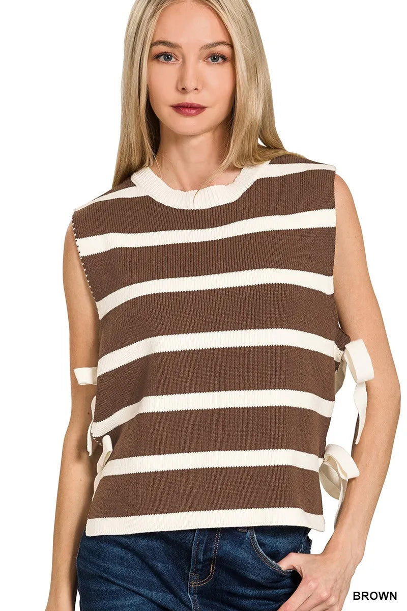Zenana Side Tie Stripe Sweater Vest
