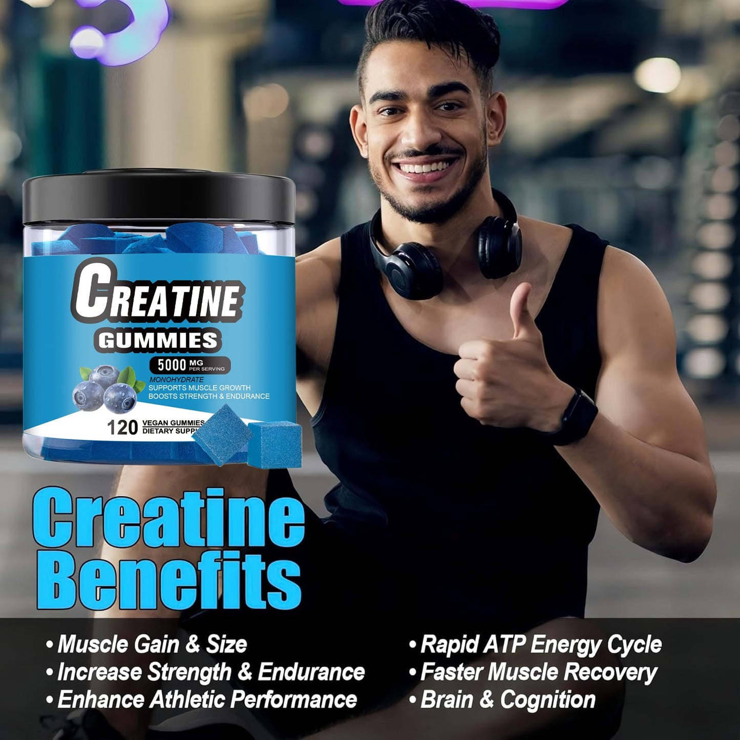 Creatine Monohydrate Gummies, 5000mg, Vegan Blueberry Flavor, Supports Muscle Growth & Strength, 120 Gummies Dietary Supplement