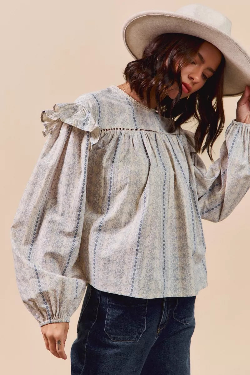 SO ME Floral Cotton Print Ruffled Long Sleeve Blouse