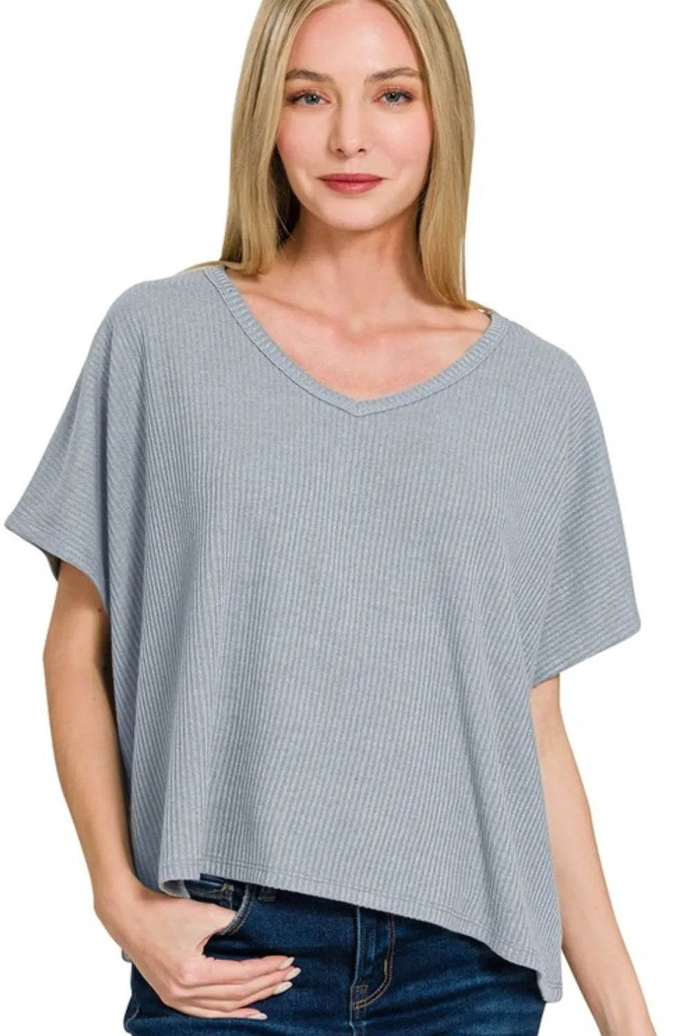 Zenana Ribbed V-Neck Short-Sleeve Knit Top