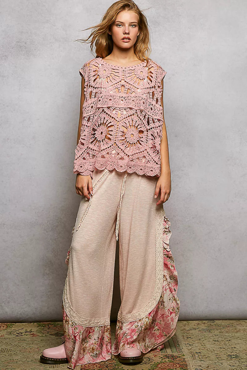 POL Openwork Round Neck Floral Crochet Tank