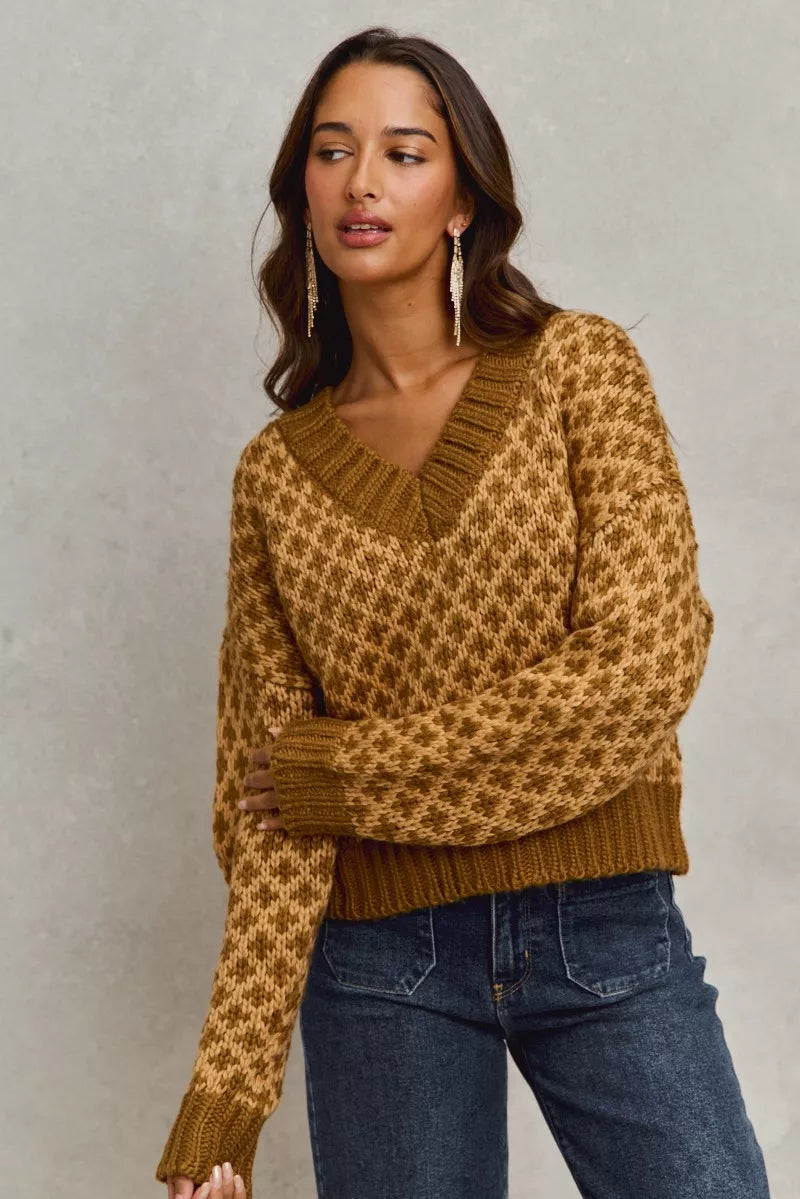 SO ME Color Block Textured Christmas Sweater V Neck Top