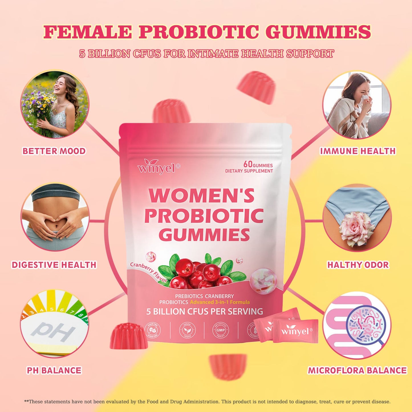 Cranberry Probiotic Gummies for Women pH Balance Body Odor Support Women’s Health Vegan 60 Gummies