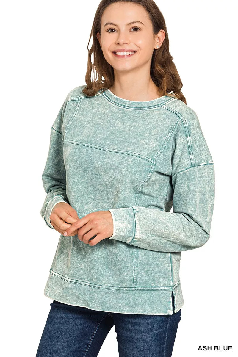 Zenana Acid Wash French Terry Exposed-Seam Pullover