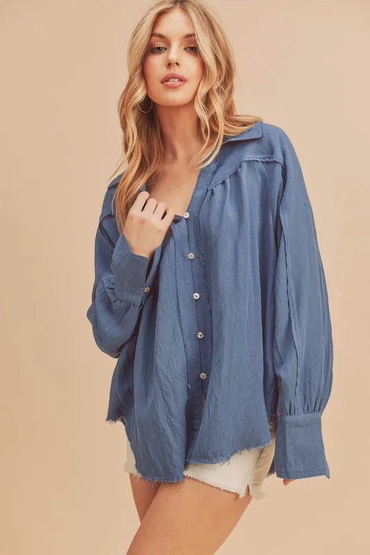 Aemi + Co Raw Hem Button Down Raglan Sleeve Shirt