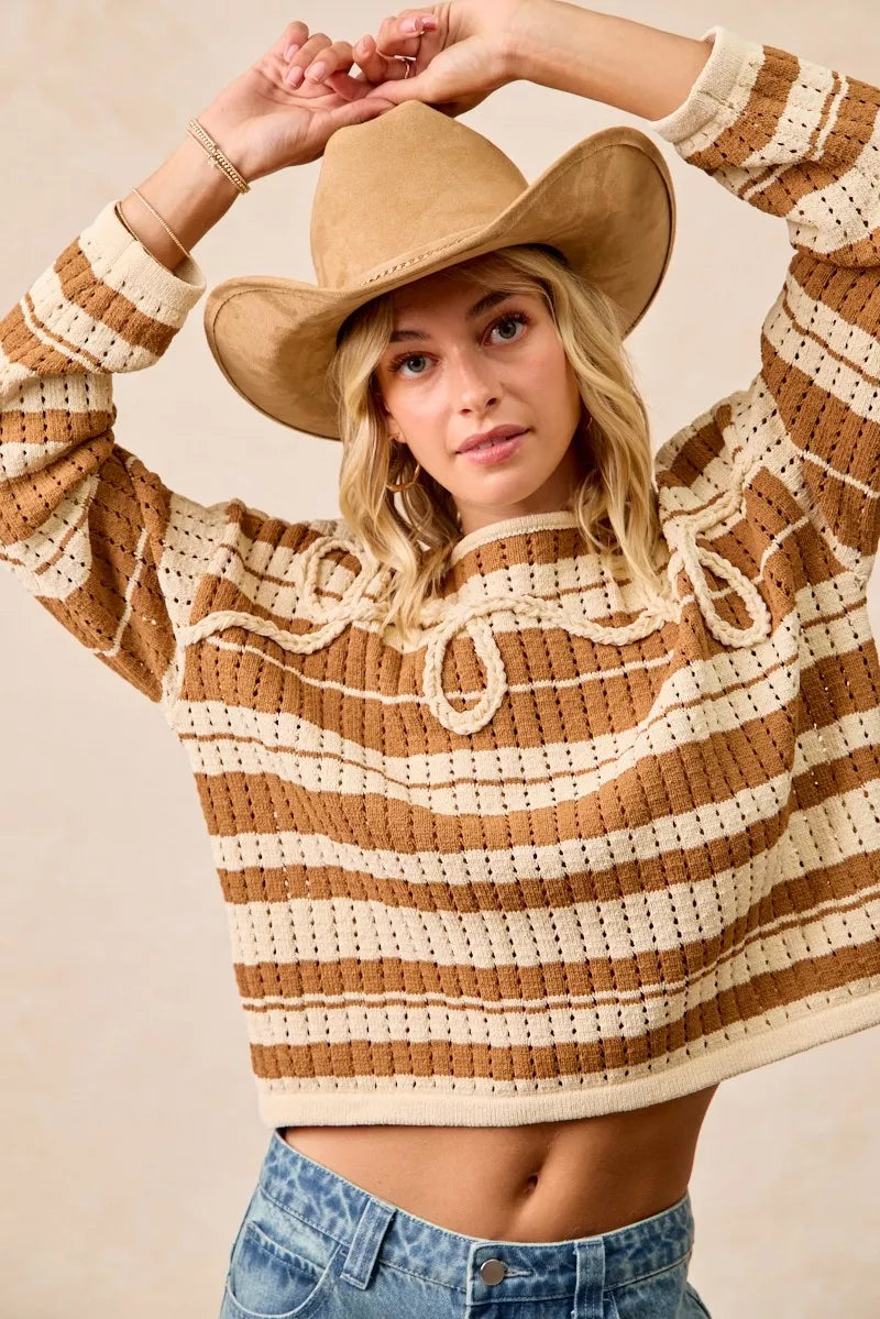 BiBi Striped Open Knit Sweater Top with Front Braided Detail