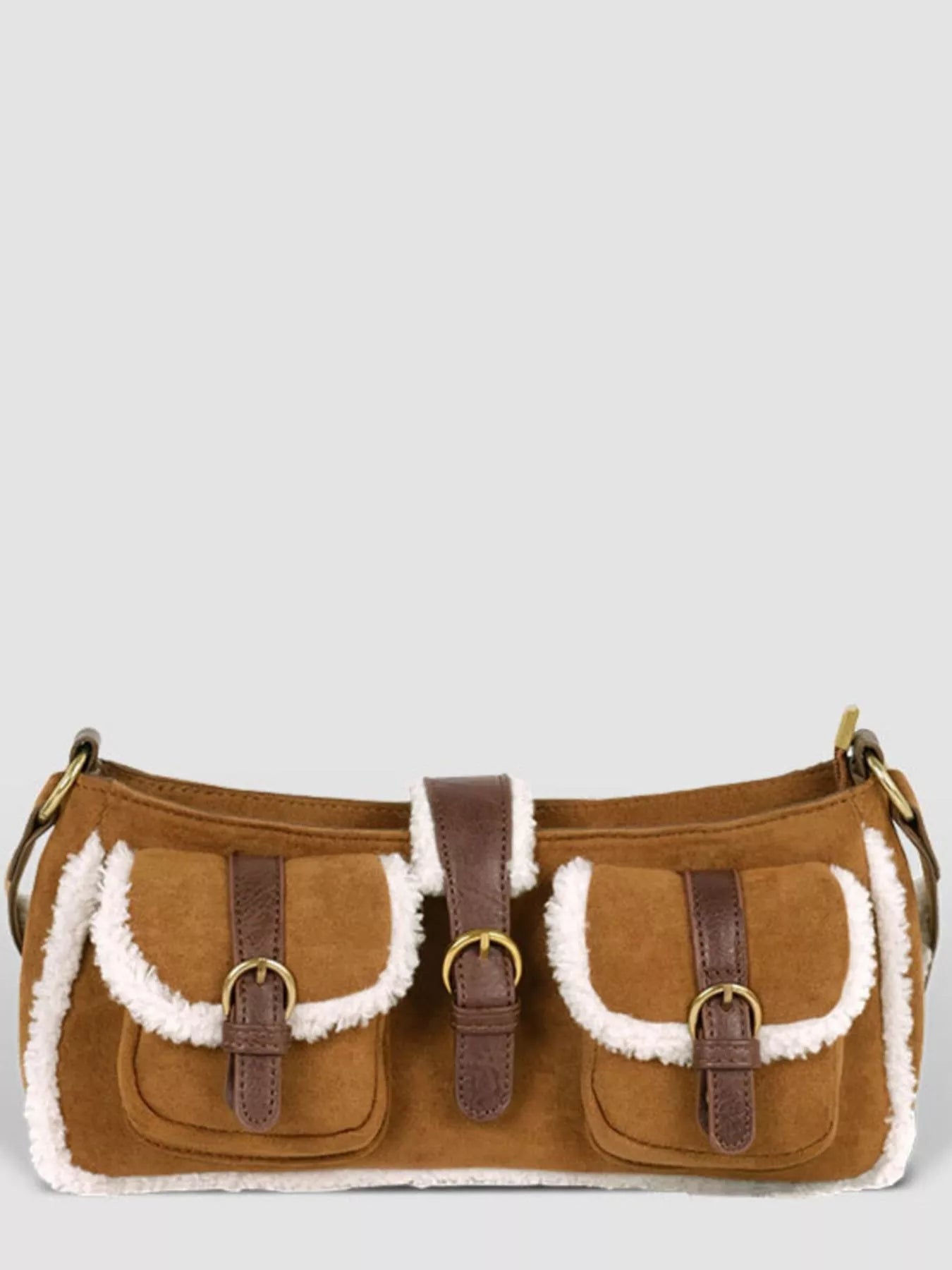 Vintage Suede Shoulder Bag with Plush Trim