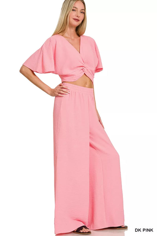 Zenana Woven Airflow Twisted Top & Wide Leg Pants Set
