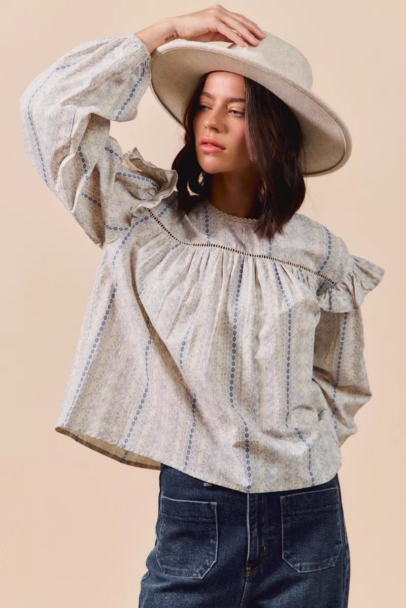 SO ME Floral Cotton Print Ruffled Long Sleeve Blouse