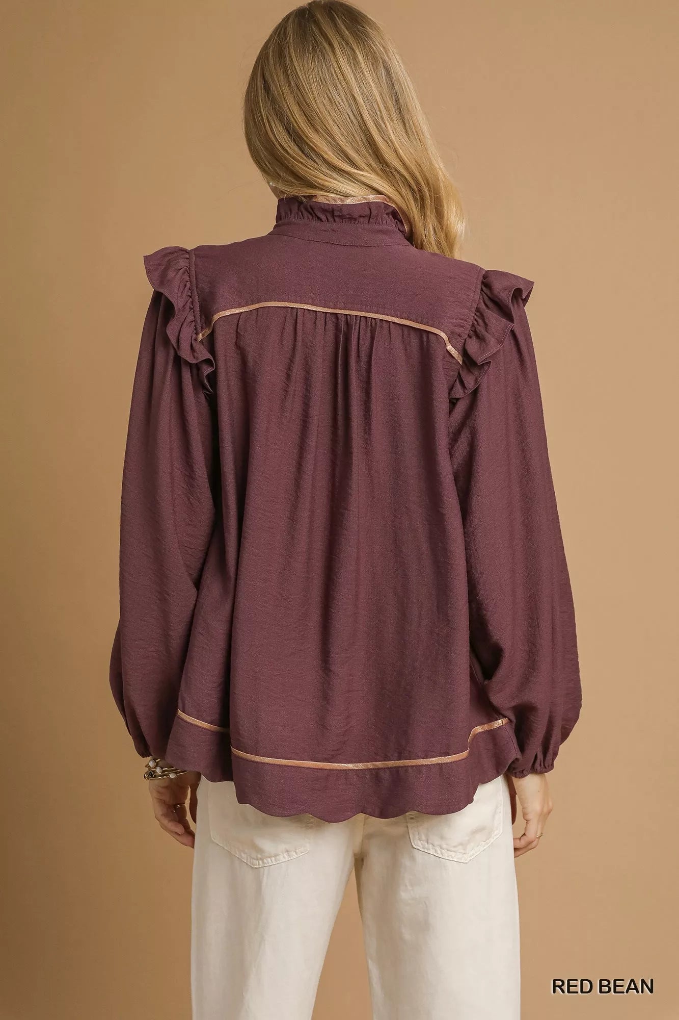 Umgee Ruffle Shoulder Long Sleeve Blouse