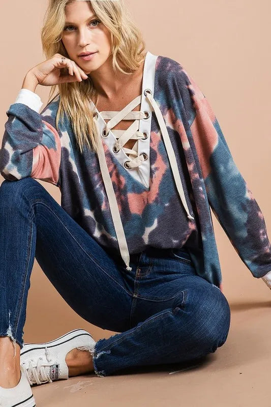BiBi Tie Dye Deep V-Neck Top with Lace Up Front