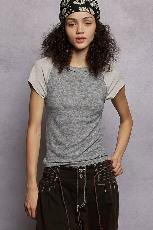 POL Round Neck Outseam Detail T-Shirt with Contrast Color Sleeves