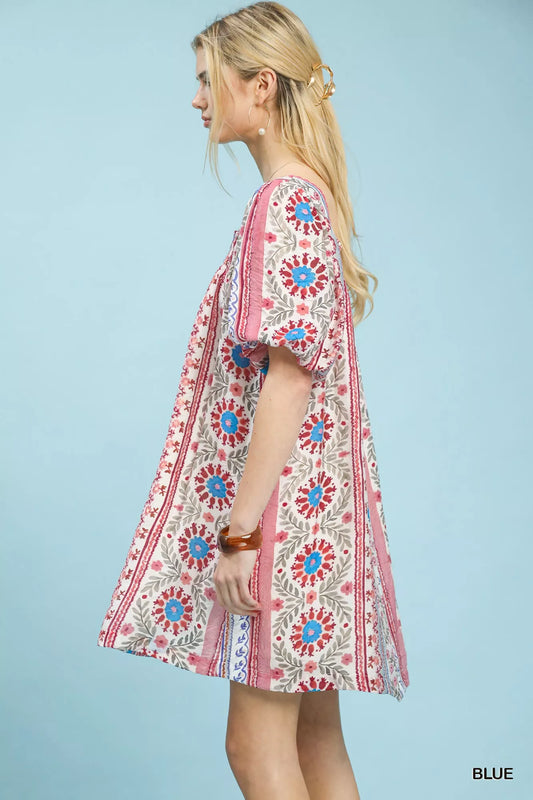 Umgee Mixed Print Puff Sleeve Mini Dress