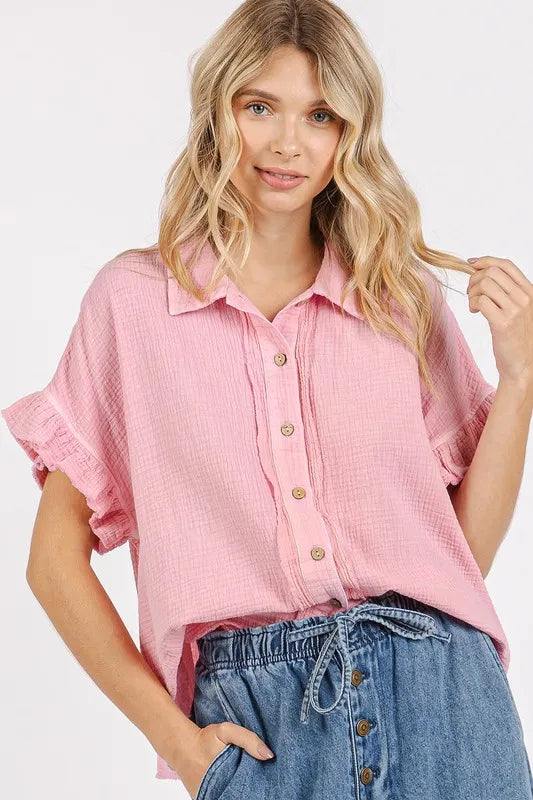 Mittoshop Mineral Washed Button Down Flounce Sleeve Shirt