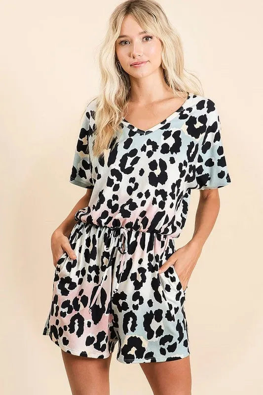 BiBi Gradation Leopard Soft Knit V-neck Romper