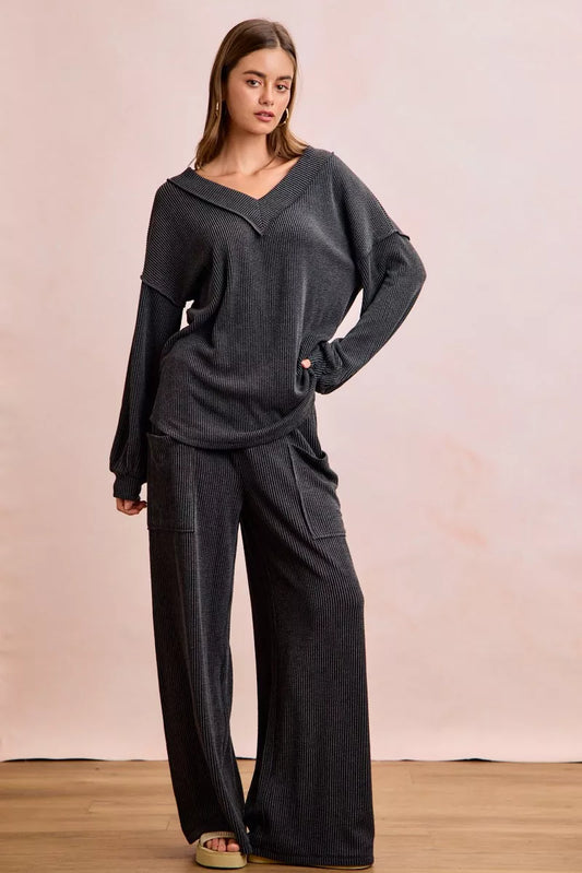 BiBi Two Tone Cord Rib Contrast Stitching V-Neck Top and Pants Set