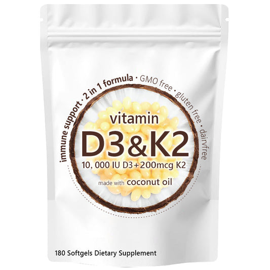 Vitamin D3 K2 Softgels 10,000 IU D3 200 Mcg K2 With Coconut Oil Immune Bone Health Support Non-GMO, Gluten-Free180 Softgels