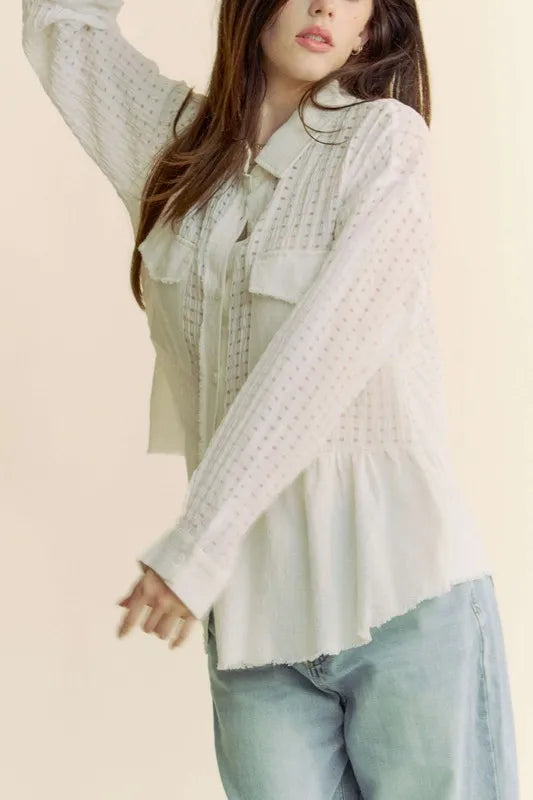 Davi & Dani Garment Washed Jacquard Button Front Shirt