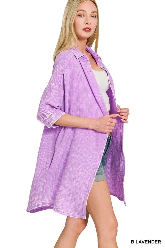 Zenana Washed Double Gauze Button Down Shirt Dress
