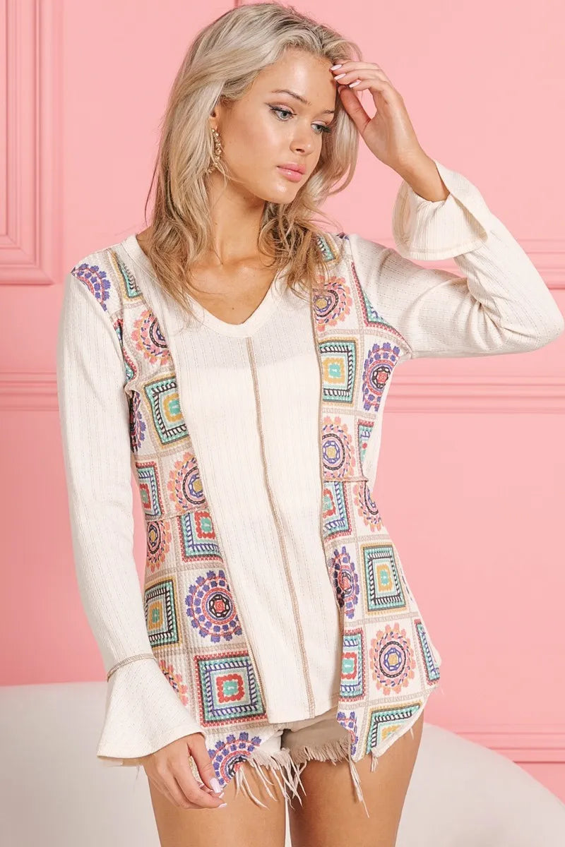 BiBi Granny Square Print Contrast Annie Rib V Neck Top