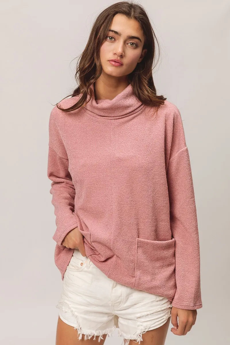 BiBi Piper Rib Double Pocket Turtle Neck Sweater