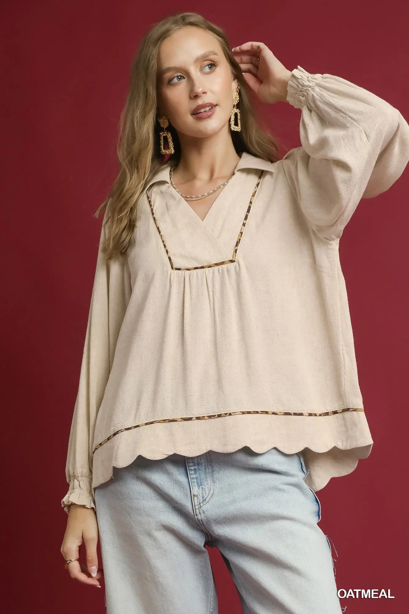 Umgee Full Size Linen Scallop Hem Blouse with Contrast Trim Plus Size