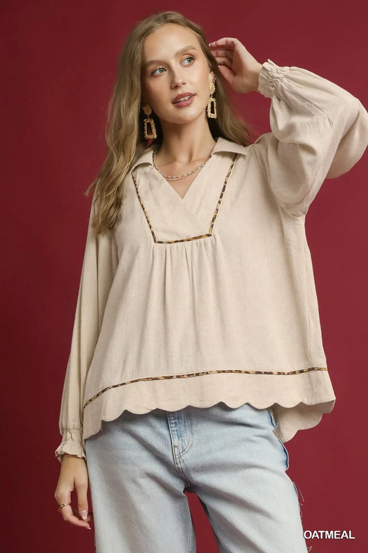Umgee Full Size Linen Scallop Hem Blouse with Contrast Trim Plus Size