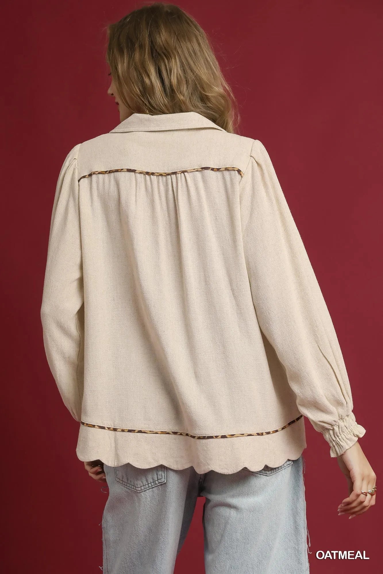 Umgee Full Size Linen Scallop Hem Blouse with Contrast Trim Plus Size