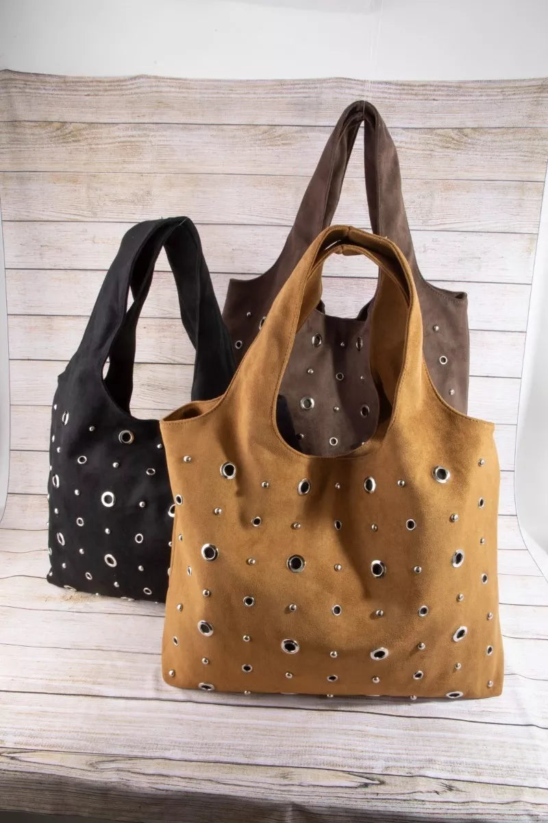 Fame Large Grommeted Suede Shoulder Bag