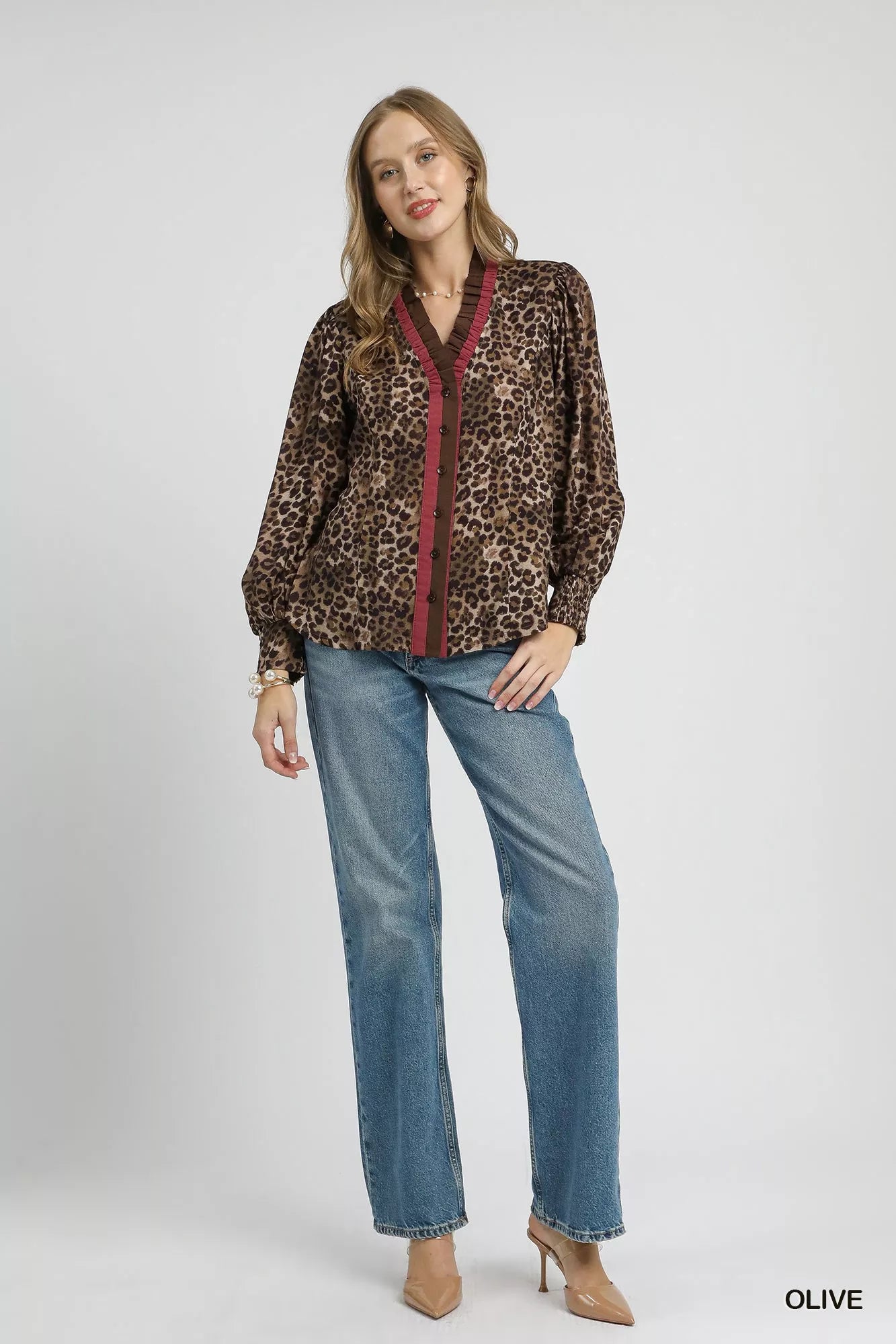Umgee Ruffle Trim Leopard Print Shirt