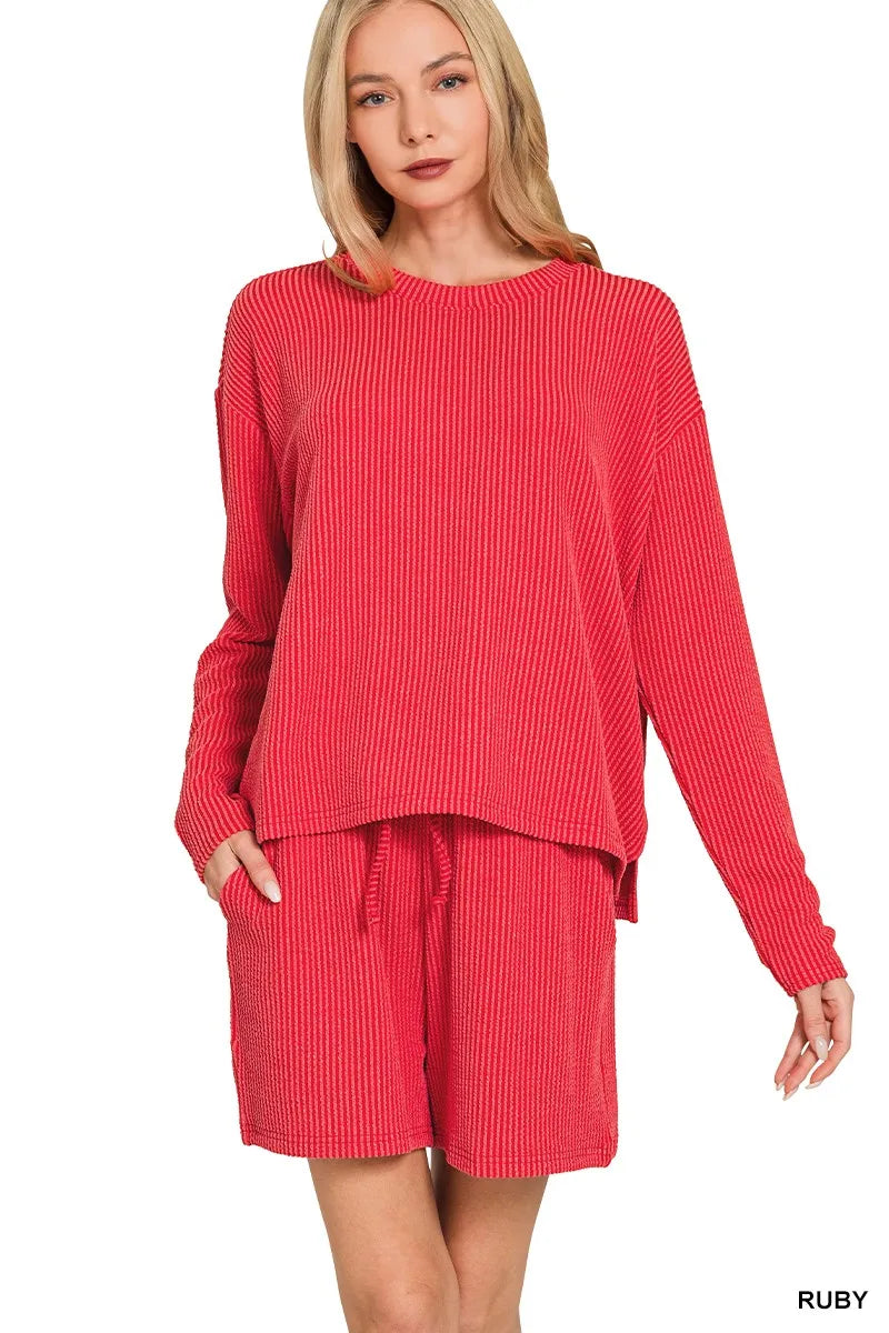 Zenana Corded Rib Long Sleeve Tee and Shorts Set