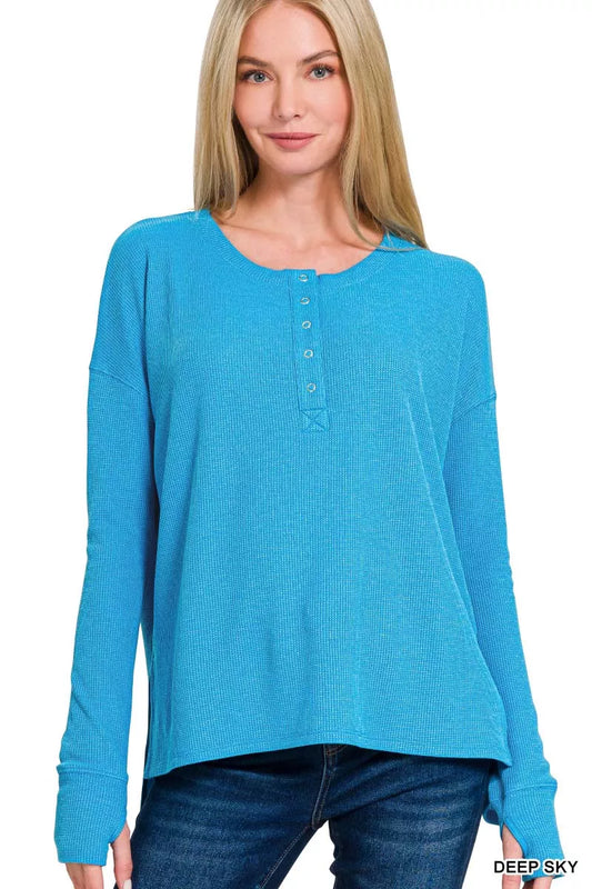 Zenana Waffle Thumb Hole Cuffs Henley Tee
