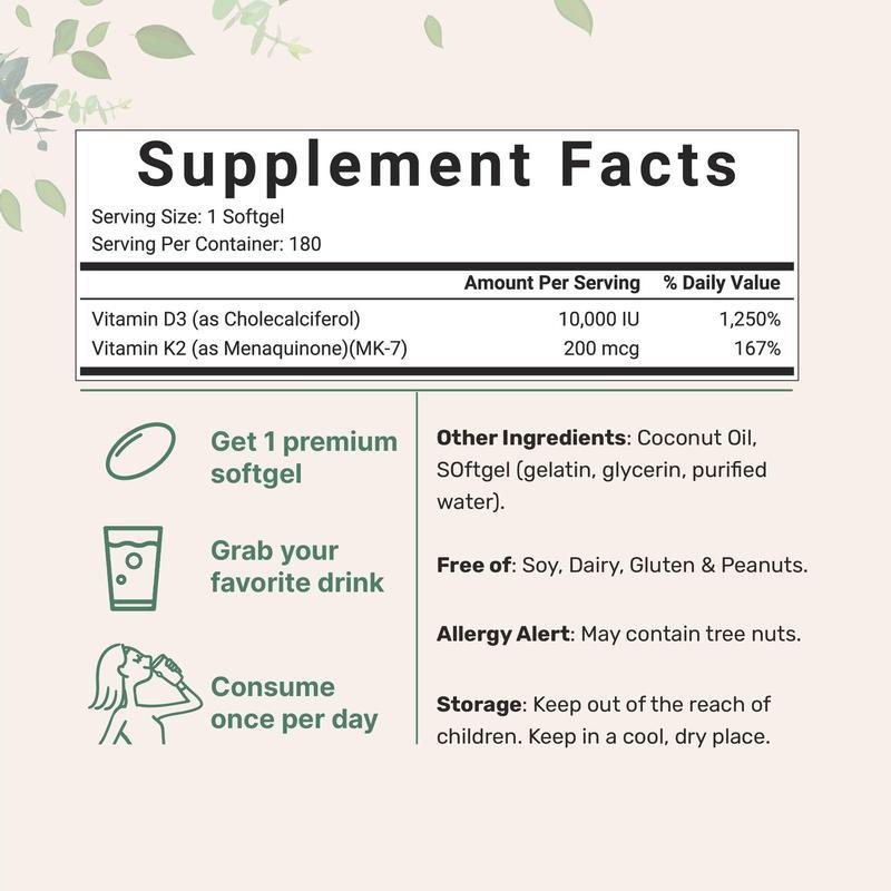 Vitamin D3 K2 Softgels 10,000 IU D3 200 Mcg K2 With Coconut Oil Immune Bone Health Support Non-GMO, Gluten-Free180 Softgels