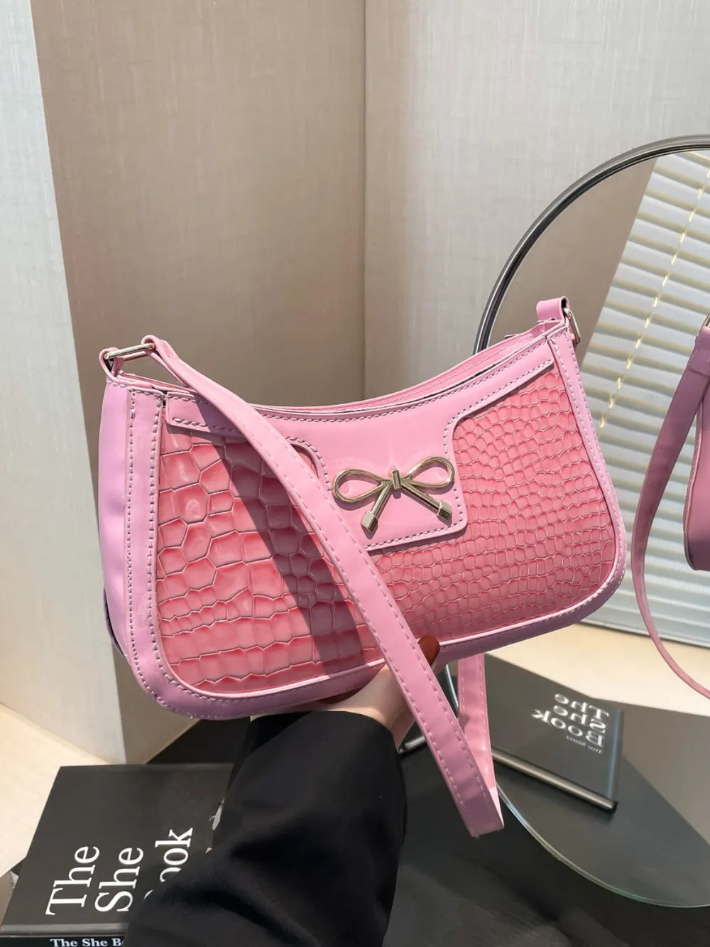 Crocodile Pattern Shoulder Bag with Bow Detail