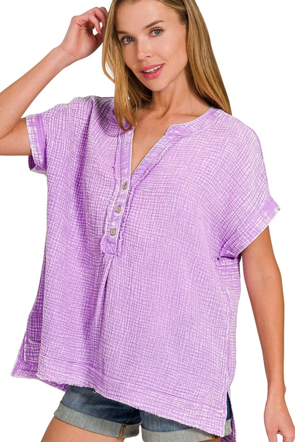 Zenana Washed Double Gauze 3/4 Button Henley Neck Shirt