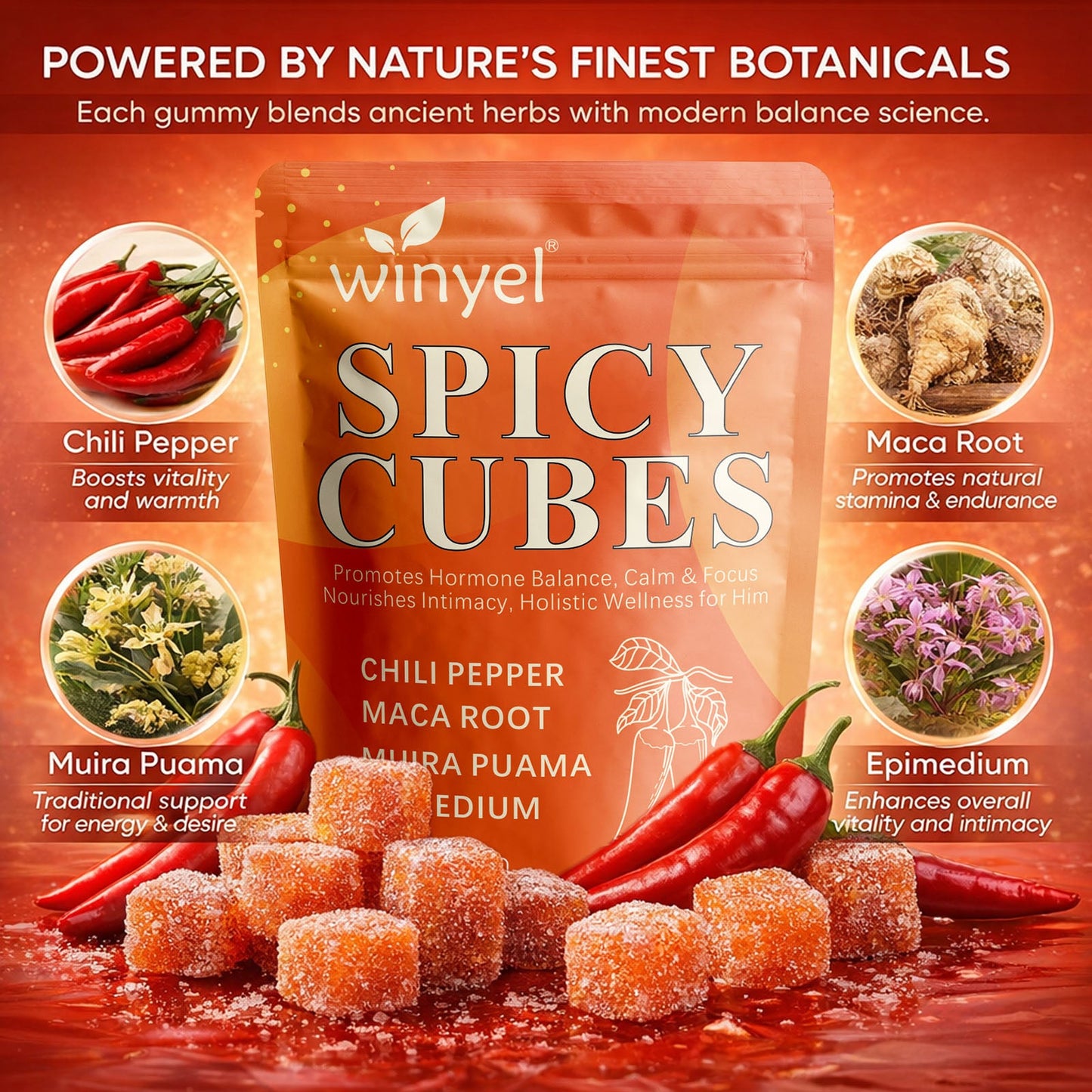 Spicy Cubes, Intimacy Gummies With Chili Pepper, Muira Puama, Maca Root, Epimedium, Helps Promote Hormone Balance, Calmness And Intimacy Wellness, Peach Flavor, 30 Gummies S