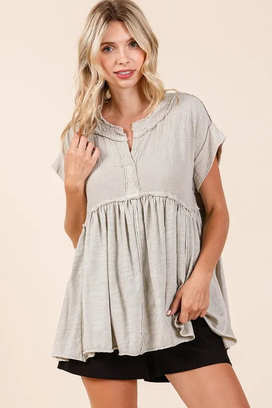Mittoshop Mixed Media Mineral Wash Babydoll Short Sleeve Blouse