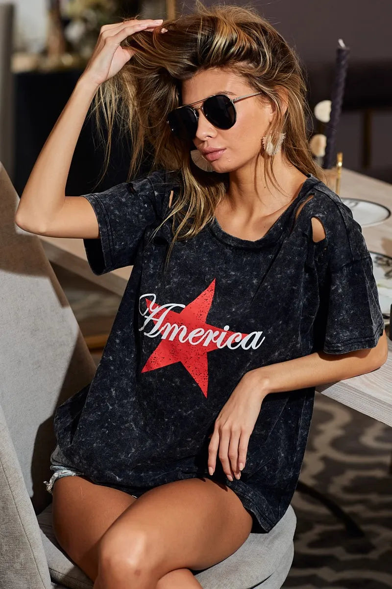 BiBi Laser Cut Mineral Washed Jersey Top with  America