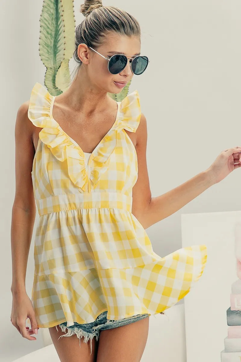 BiBi Ruffled Neckline Sleeveless Check Plaid Peplum Top