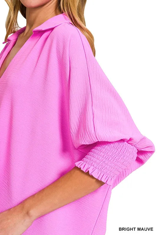 Zenana Airflow Collar Tee with Smocked Sleeve Band Top