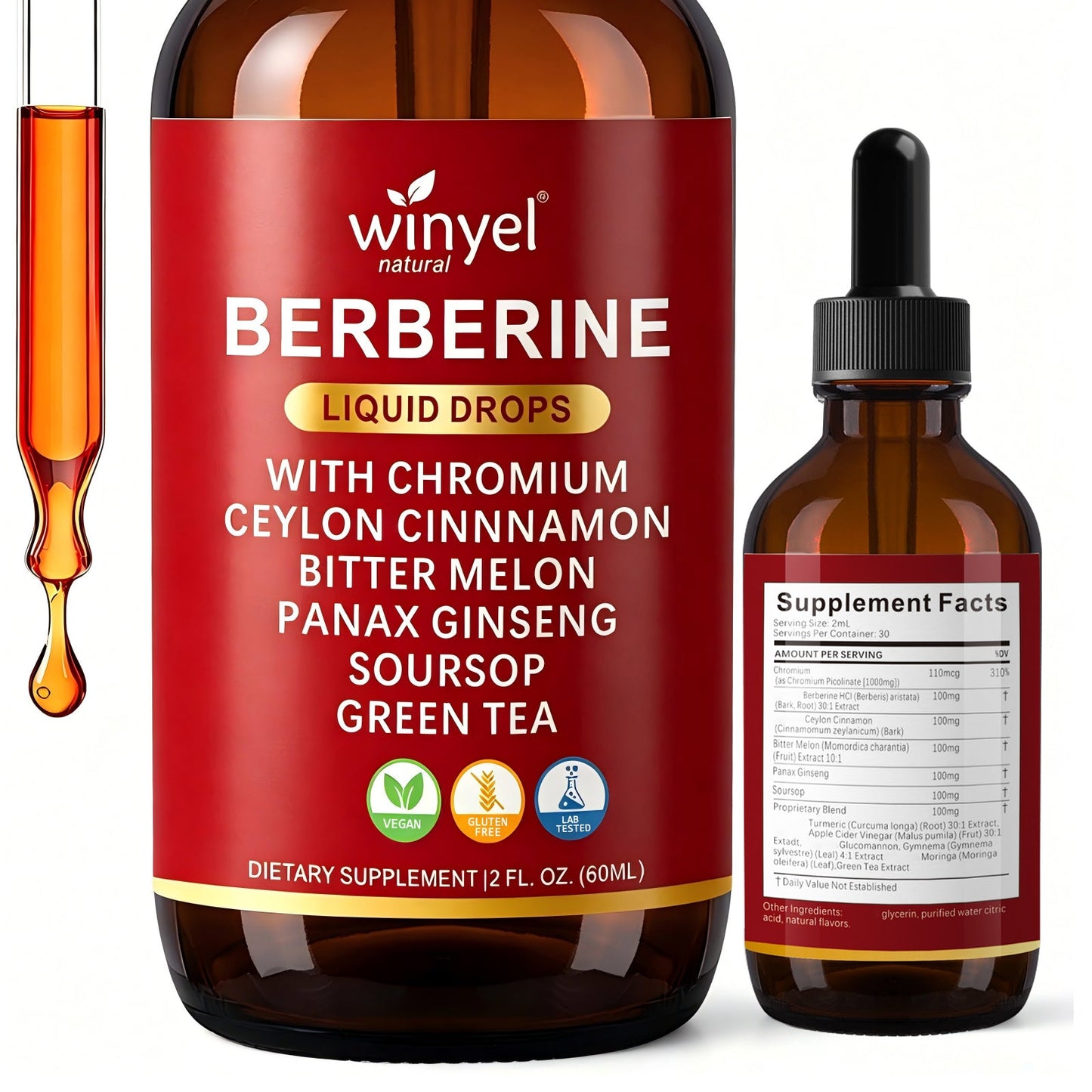 Organic Ceylon Cinnamon Berberine Liquid Drops Supplement With Bitter Melon Extract, Glucomannan, Gymnema, Chromium, Turmeric, Organic Panax Ginseng