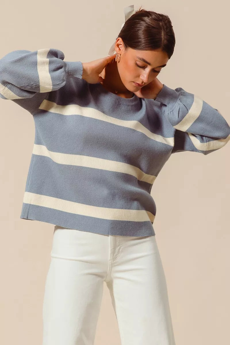 SO ME Ribbed Striped Round Neck Sweater