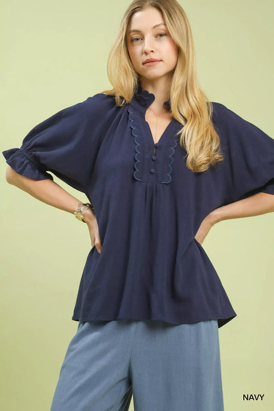 Umgee Linen Scalloped Ruffle Neck Blouse