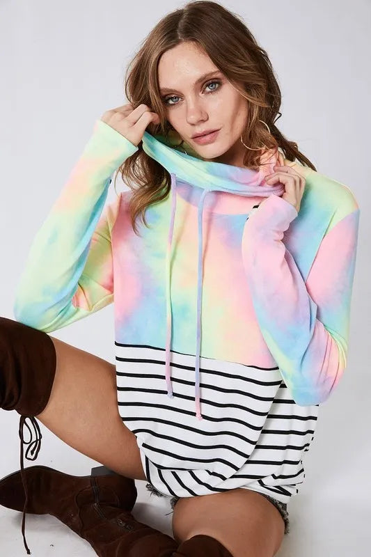 BiBi Tie Dye French Terry Cowl Neck Top