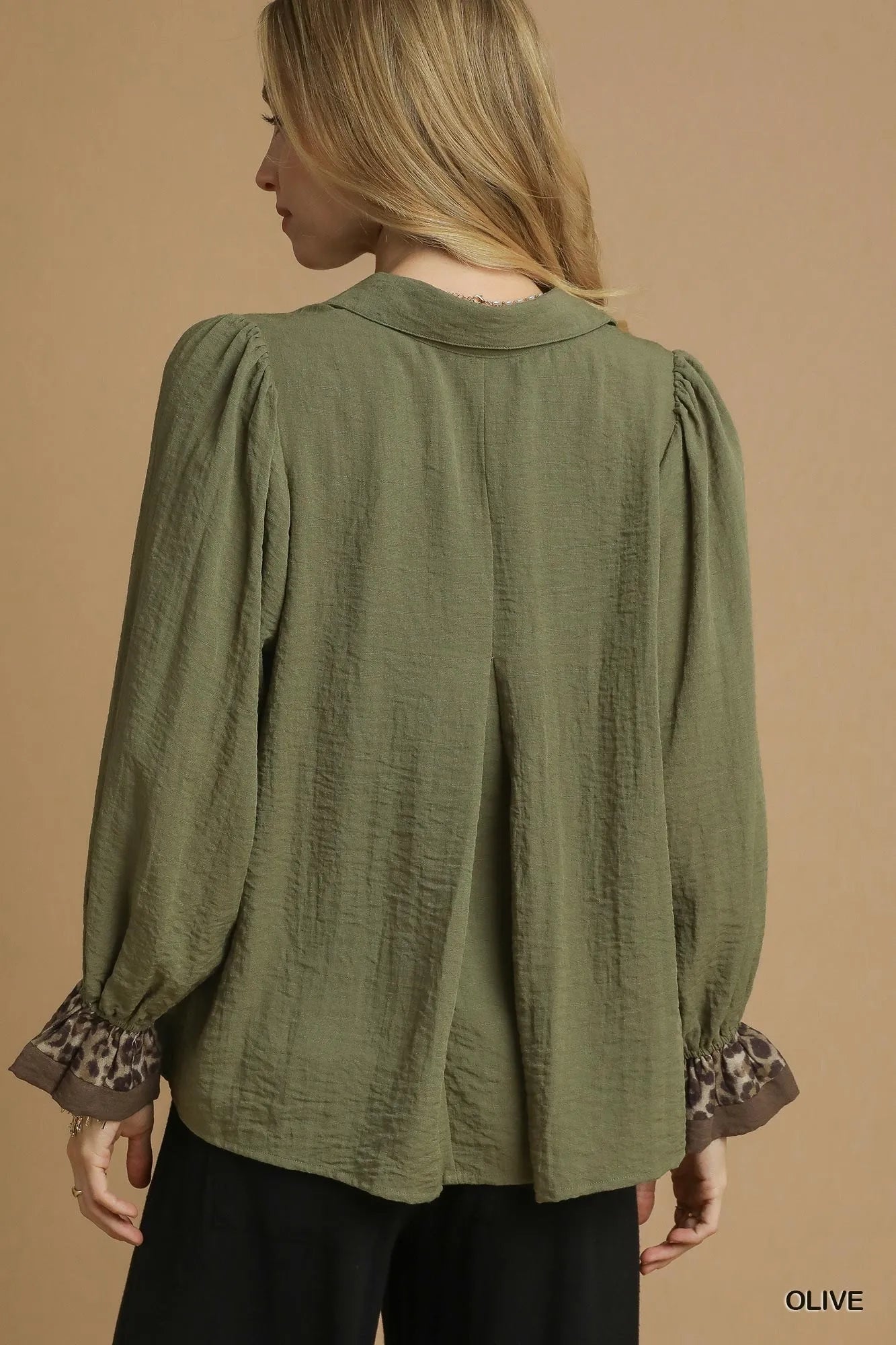 Umgee Half Button Blouse with Leopard Print Trim
