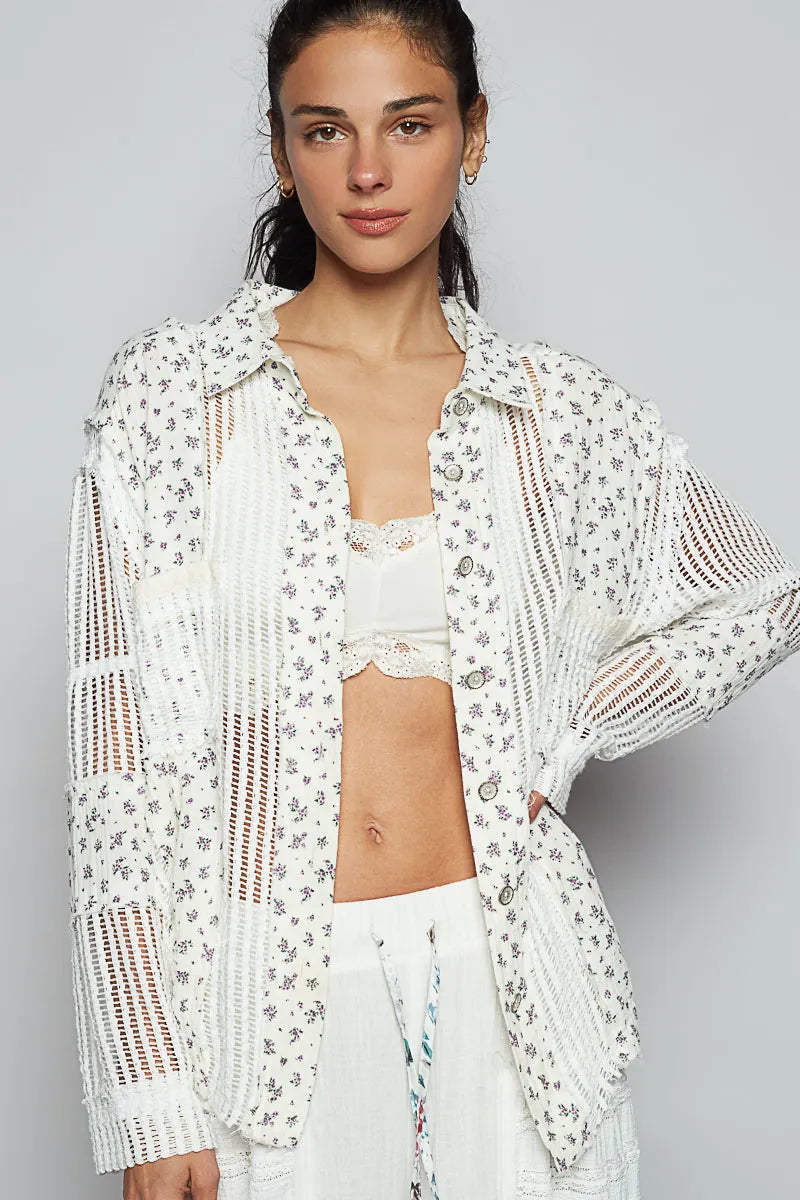POL Floral Crochet Patchwork Long Sleeve Shirt